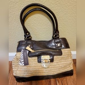 NWT DANA BUCHMAN Petra Satchel Straw, Faux Croc Large Shoulder Handbag Purse